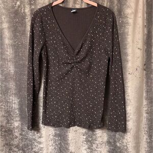 Old Navy Brown Long-Sleeve V-Neck Top with Tiny Dot Print